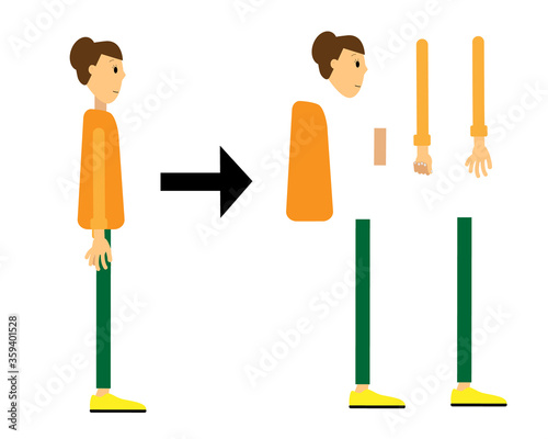 The character of a young woman ready for gait animation. Casual style. Side view.