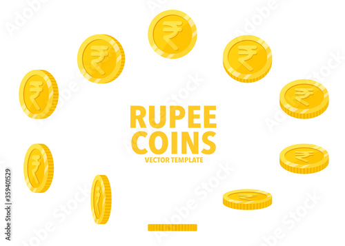 India Rupee sign golden coins isolated on white background. Set of flat icon design of coin with symbol at different angles.