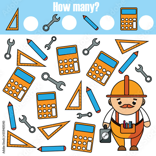 Mathematics educational children game. Study counting, numbers, addition. help worker count tools photo