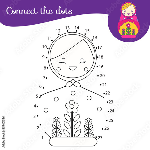 Russian matreshka doll. Connect the dots. Dot to dot by numbers activity for kids and toddlers. Children educational game