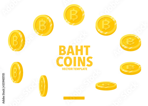Thai Baht sign golden coins isolated on white background. Set of flat icon design of coin with symbol at different angles.
