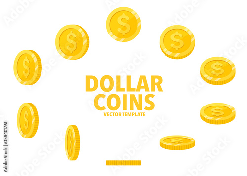 Dollar sign golden coins isolated on white background. Set of flat icon design of coin with symbol at different angles.