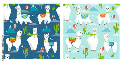 Vector seamless pattern with llama, alpaca, cactus, mountain and ballon. Childish print for fabric, case, textile, wallpaper. Vector Illustration.
