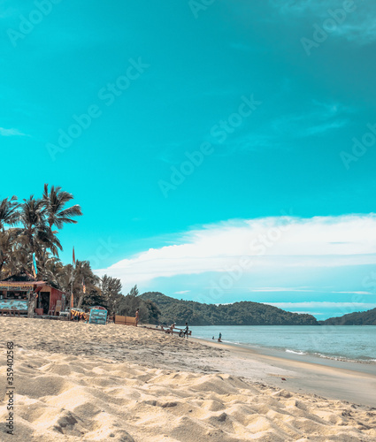 tropical beach with palm trees and blue sea