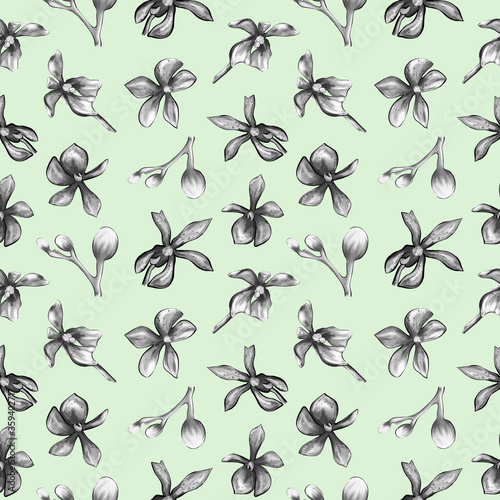  Seamless pattern of orchids on a green background.Floral pattern in pastel colors. design of postcards, paper, textiles © Tatyana Olina
