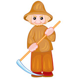 peasant in a gray hat with a scythe in his hands, doll, isolated object on a white background, vector illustration,