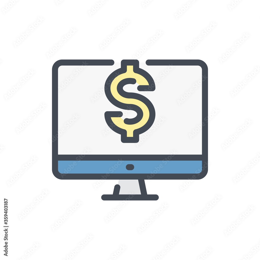 Online Payment color line icon. Computer with Dollar vector outline colorful sign. Online Payment color line icon. Computer with Dollar vector outline colorful sign.