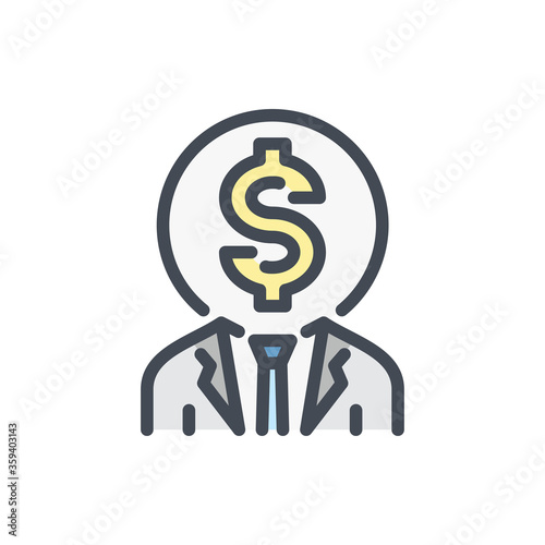 Investor color line icon. Businessman with Dollar Head vector outline colorful sign.