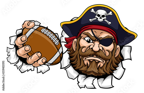 A pirate American football sports mascot cartoon character holding a ball