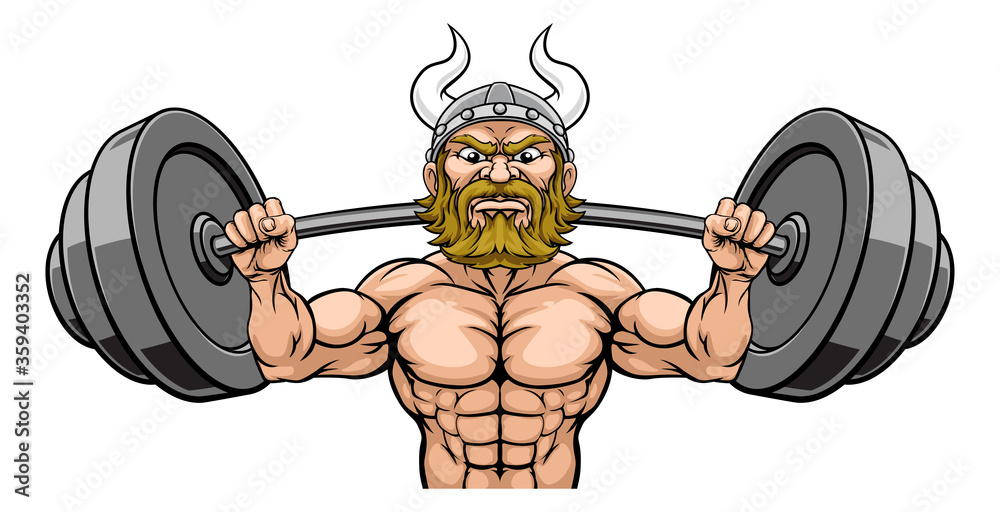 A viking warrior or barbarian weight lifting mascot muscle gym cartoon