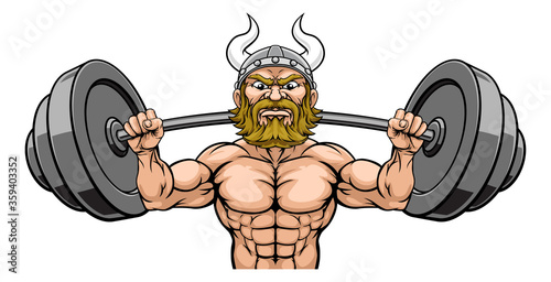 A viking warrior or barbarian weight lifting mascot muscle gym cartoon character