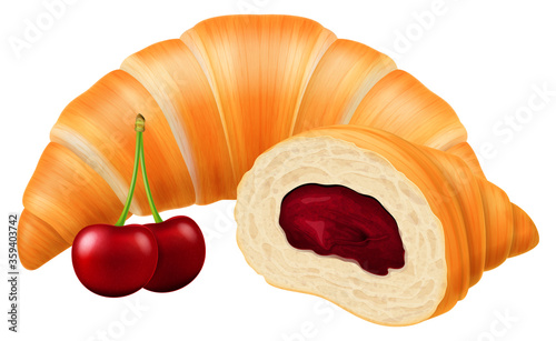 Freshly baked croissant with cherry jam filling and fresh cherry. Vector illustration.