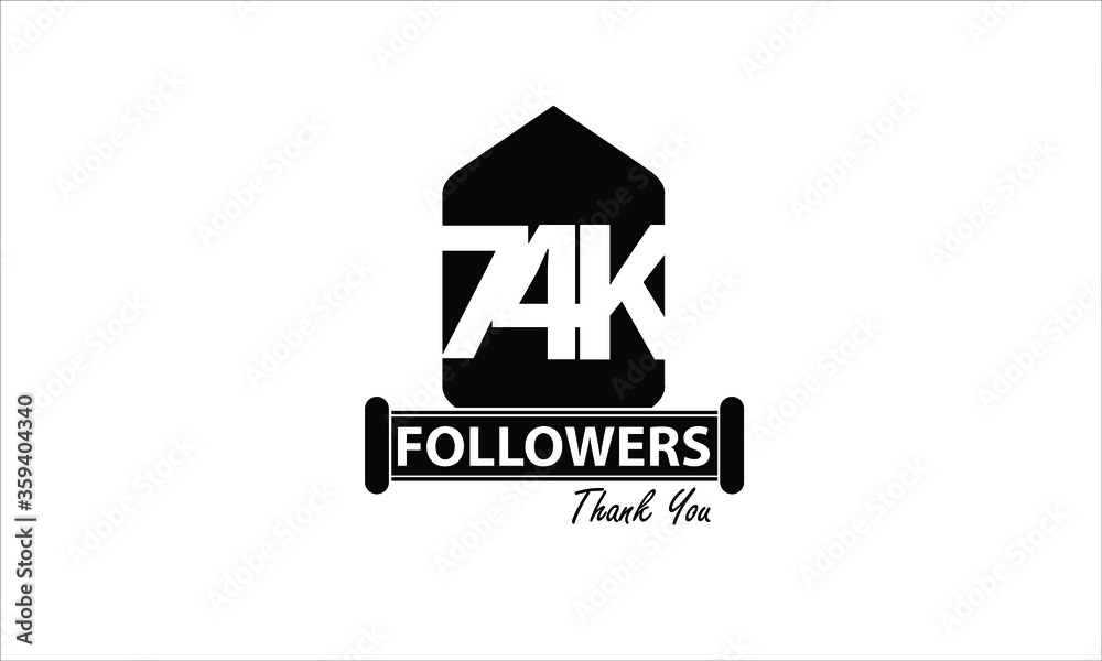 74K,74.000 Followers Thank you. Sign Ribbon All Black space vector illustration on White background - Vector