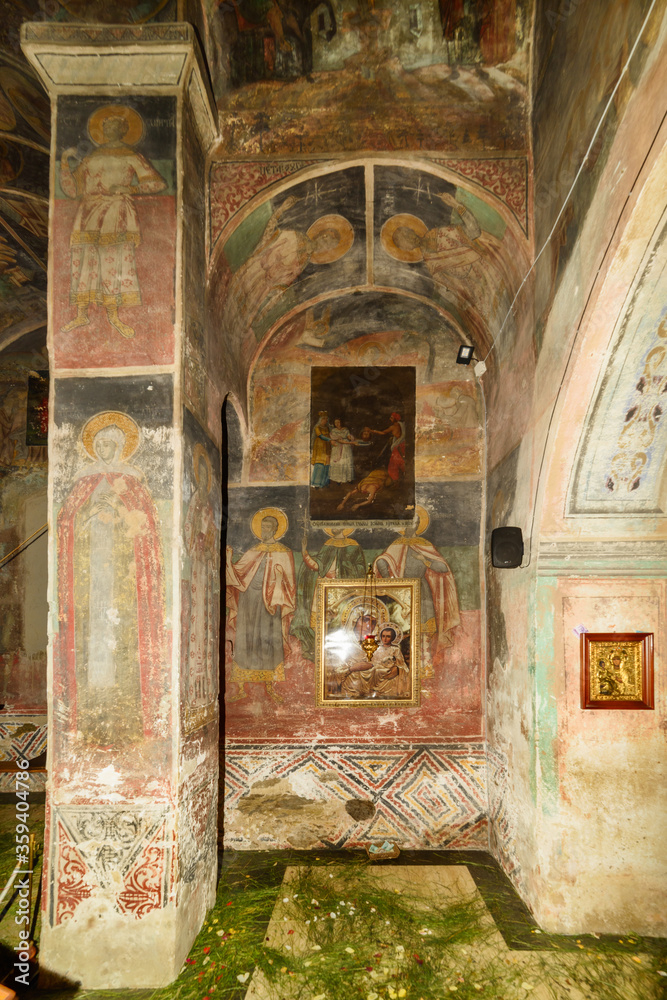 Vrsac, Serbia - June 08, 2020: The Mesic Monastery is a Serb Orthodox monastery situated in the Banat region, in the province of Vojvodina, Serbia. The interior of the monastery.