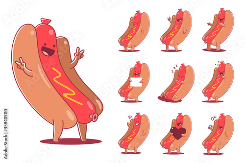 Cute hot dog vector cartoon characters set isolated on a white background.