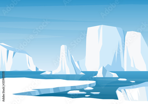 Foto Vector cartoon Arctic ice landscape with iceberg, sea, hills and snow mountains