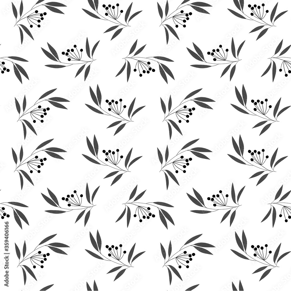 Seamless pattern of black white twigs with berries.