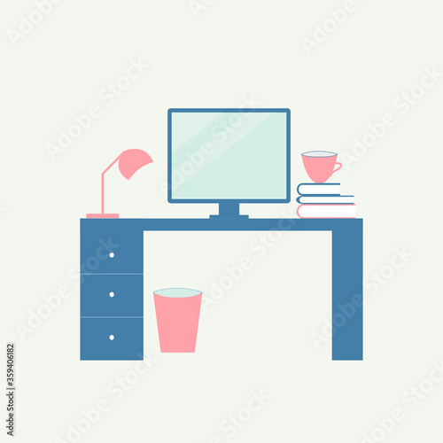 Vector graphic of home office. Desktop, pc, lamp, cup as vector objects. Vector illustration of home office interior. 