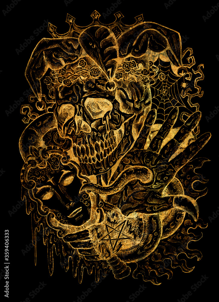 Golden fantasy joker skull with mask and tentacles on black. Esoteric, occult and gothic illustration with symbols of death, Halloween mystic background, engraved outline drawing