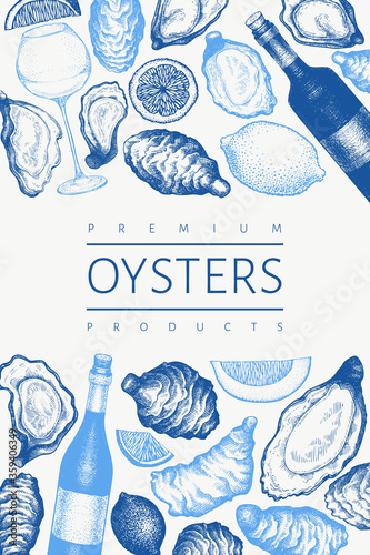 Oysters design template. Hand drawn vector illustration. Seafood banner. Can be used for design menu, packaging, fish market, seafood products.