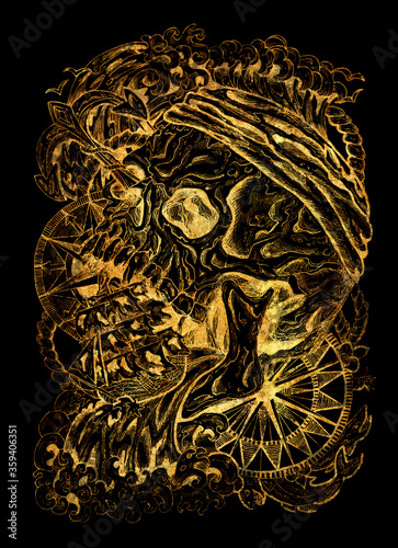 Golden nautical emblem with pirate skull and old sailing ship. Esoteric, occult and gothic illustration with symbols of death, Halloween mystic background, engraved outline drawing