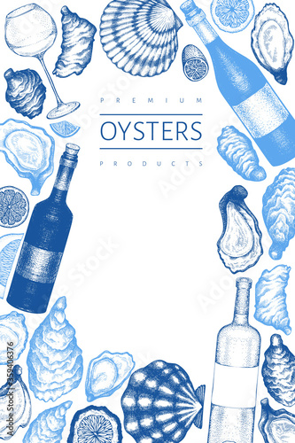 Oysters design template. Hand drawn vector illustration. Seafood banner. Can be used for design menu, packaging, fish market, seafood products.