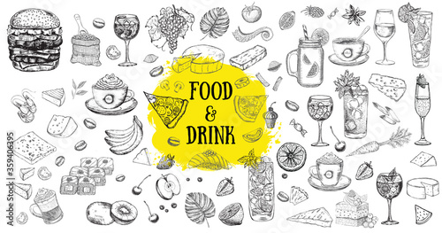 Vector set with food and drink hand drawn	