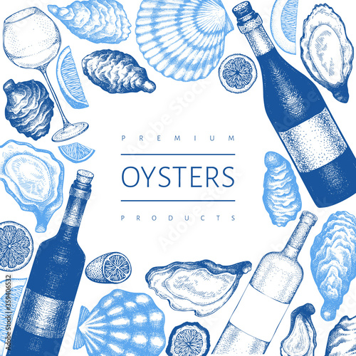 Oysters design template. Hand drawn vector illustration. Seafood banner. Can be used for design menu, packaging, fish market, seafood products.
