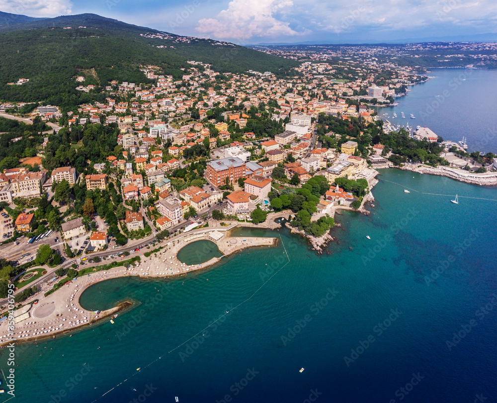 Beautiful panoramic view of Opatija town and its sea shore in Croatia. Top view photo taken on drone.