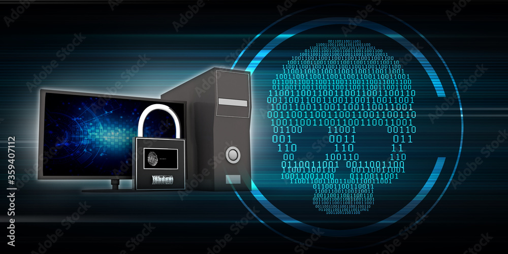 3d illustration Safety concept: Closed Padlock with computer pc on digital background