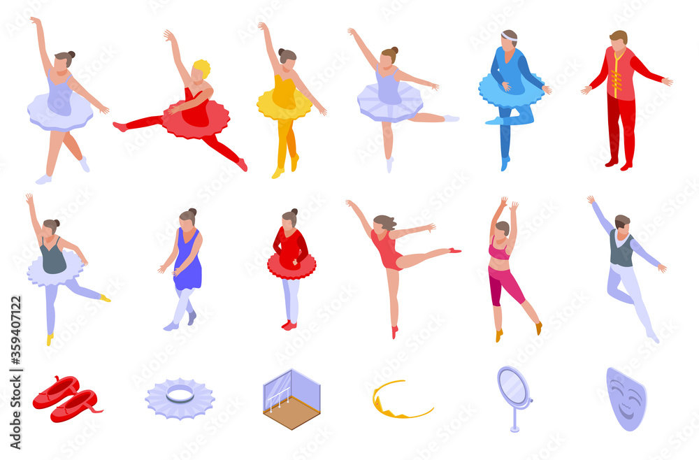Ballet icons set. Isometric set of ballet vector icons for web design isolated on white background