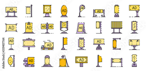 Outdoor advertising icons set. Outline set of outdoor advertising vector icons thin line color flat on white