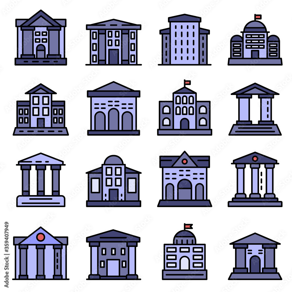 Courthouse icons set. Outline set of courthouse vector icons thin line color flat on white