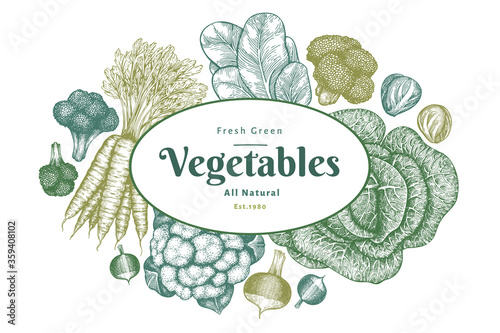 Hand drawn sketch vegetables design. Organic fresh food vector banner template. Vintage vegetable background. Engraved style botanical illustrations.