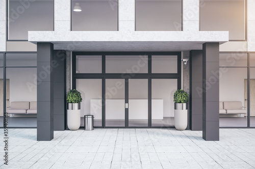 Front view of entrance of modern office building