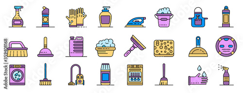 Cleaner equipment icons set. Outline set of cleaner equipment vector icons thin line color flat on white