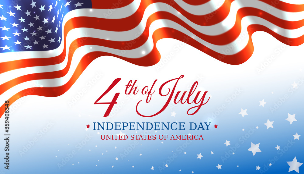 Poster 4th of july usa independence day, vector template with american flag and shining sun on blue shining starry background. Fourth of july, USA national holiday. Vector illustration, banner Poster 4th of july usa independence day, vector template with american flag and shining sun on blue shining starry background. Fourth of july, USA national holiday. Vector illustration, banner