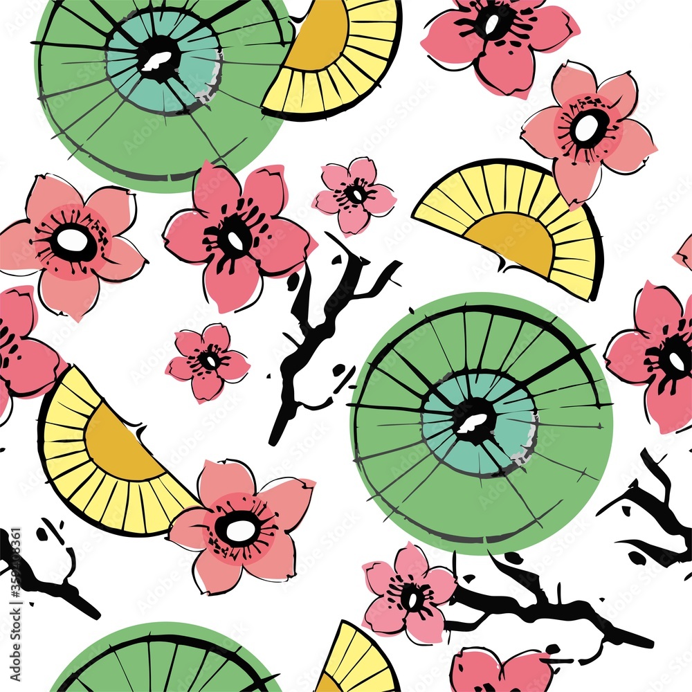 Seamless background with cherry blossoms. A tree branch with pink flowers, yellow fans and green Japanese umbrellas. Spring floral background. Vector illustration Seamless background with cherry blossoms. A tree branch with pink flowers, yellow fans and green Japanese umbrellas. Spring floral background. Vector illustration