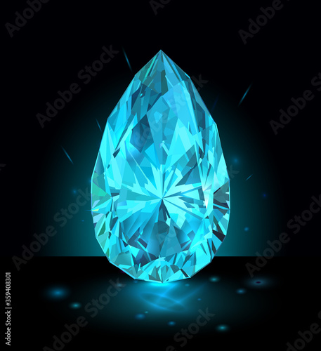 Light blue gemstone in the shape of a drop on a black background. Vector.