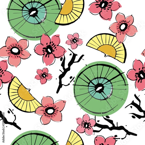 Seamless background with cherry blossoms. A tree branch with pink flowers  yellow fans and green Japanese umbrellas. Spring floral background. Vector illustration