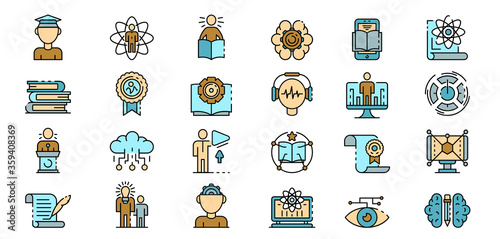 Interactive learning icons set. Outline set of interactive learning vector icons thin line color flat on white