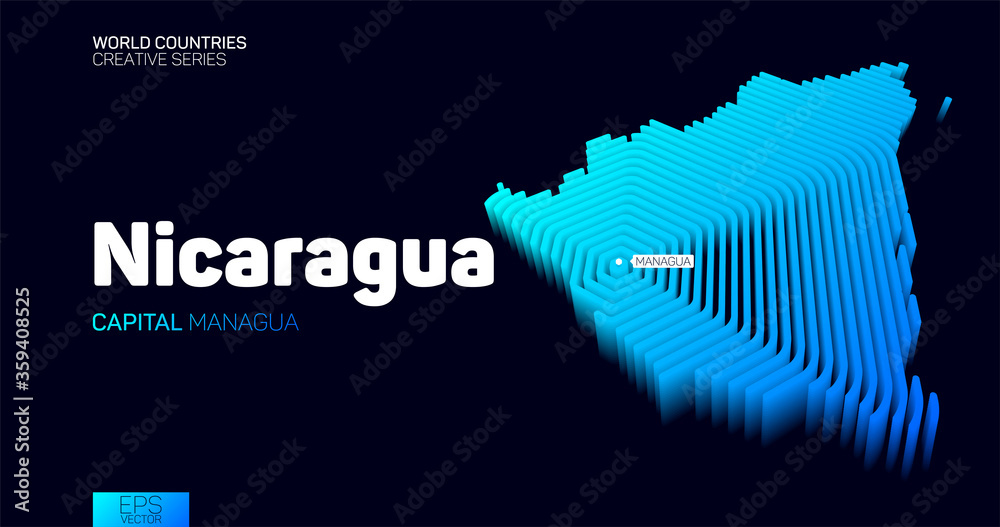Isometric map of Nicaragua with blue hexagon lines Isometric map of Nicaragua with blue hexagon lines