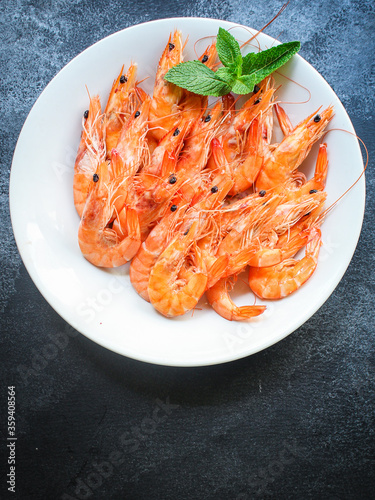 shrimp prawn ready to eat boiled seafood Menu concept serving size. food background top view copy space for text keto or paleo pescatarian diet 