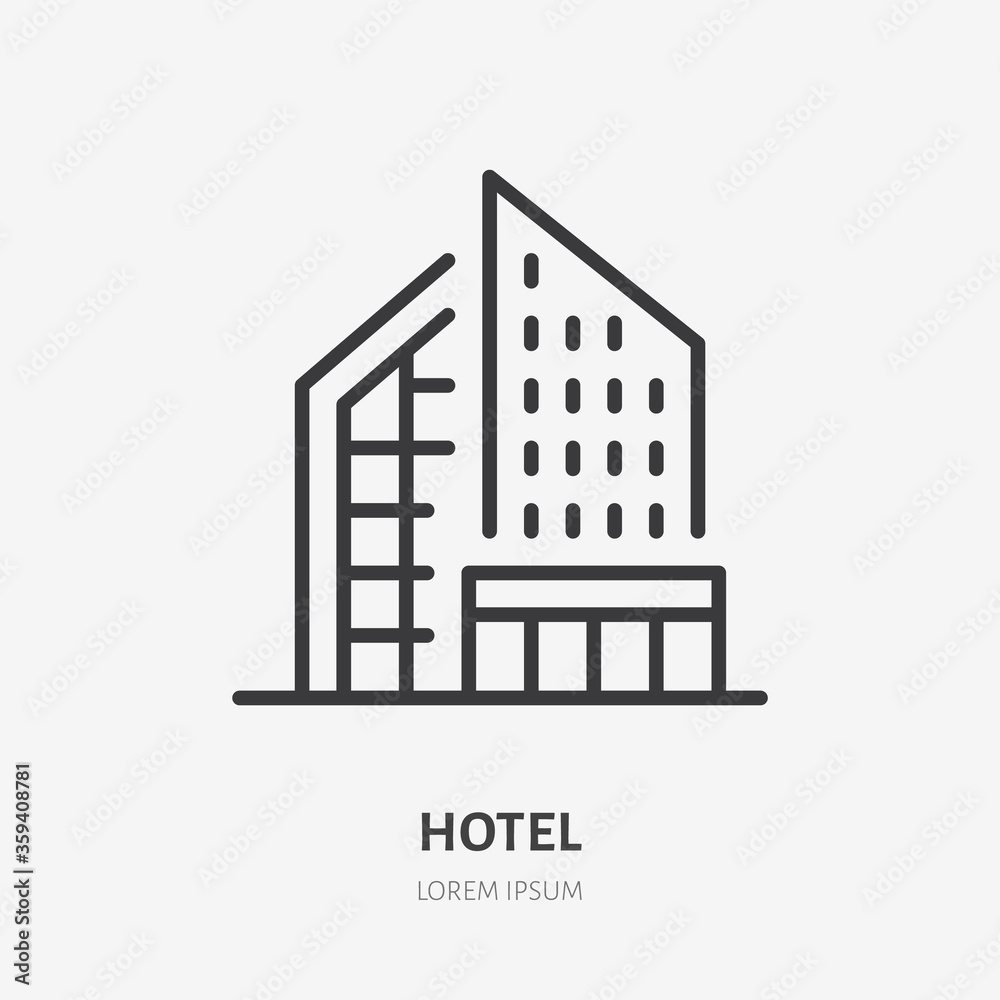 Hotel line icon, vector pictogram of modern city skyline. Business center illustration, sign for building exterior