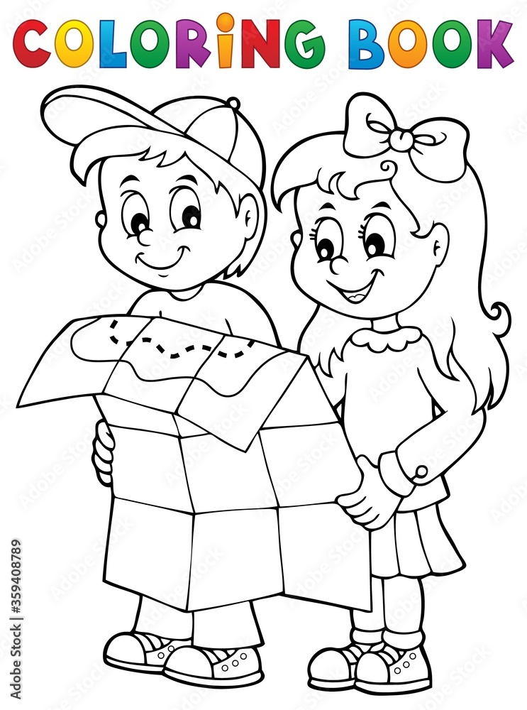 Coloring book children holding map 1 Coloring book children holding map 1