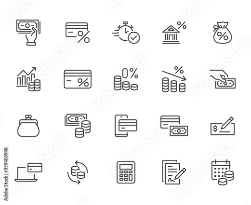 Money loan line icon set. Credit score, low interest, discount card, mortgage percent, tax minimal vector illustration. Simple outline signs for bank application. Pixel Perfect, Editable Strokes photo