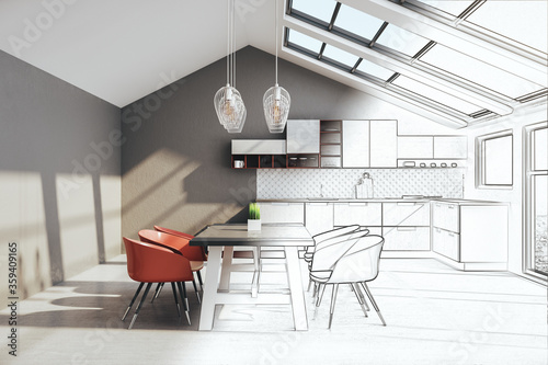 Drawing loft kitchen interior