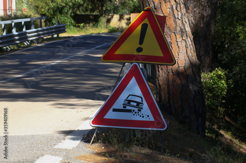 warning road signs. attention danger. yielding quay