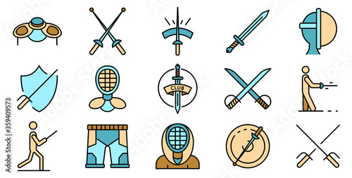 Fencing icons set. Outline set of fencing vector icons thin line color flat on white