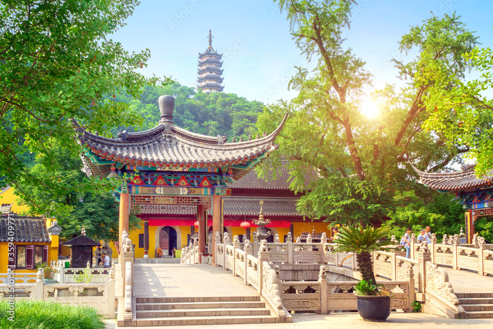 Temples and pagodas in Jiaoshan Scenic Area, Zhenshan, China.